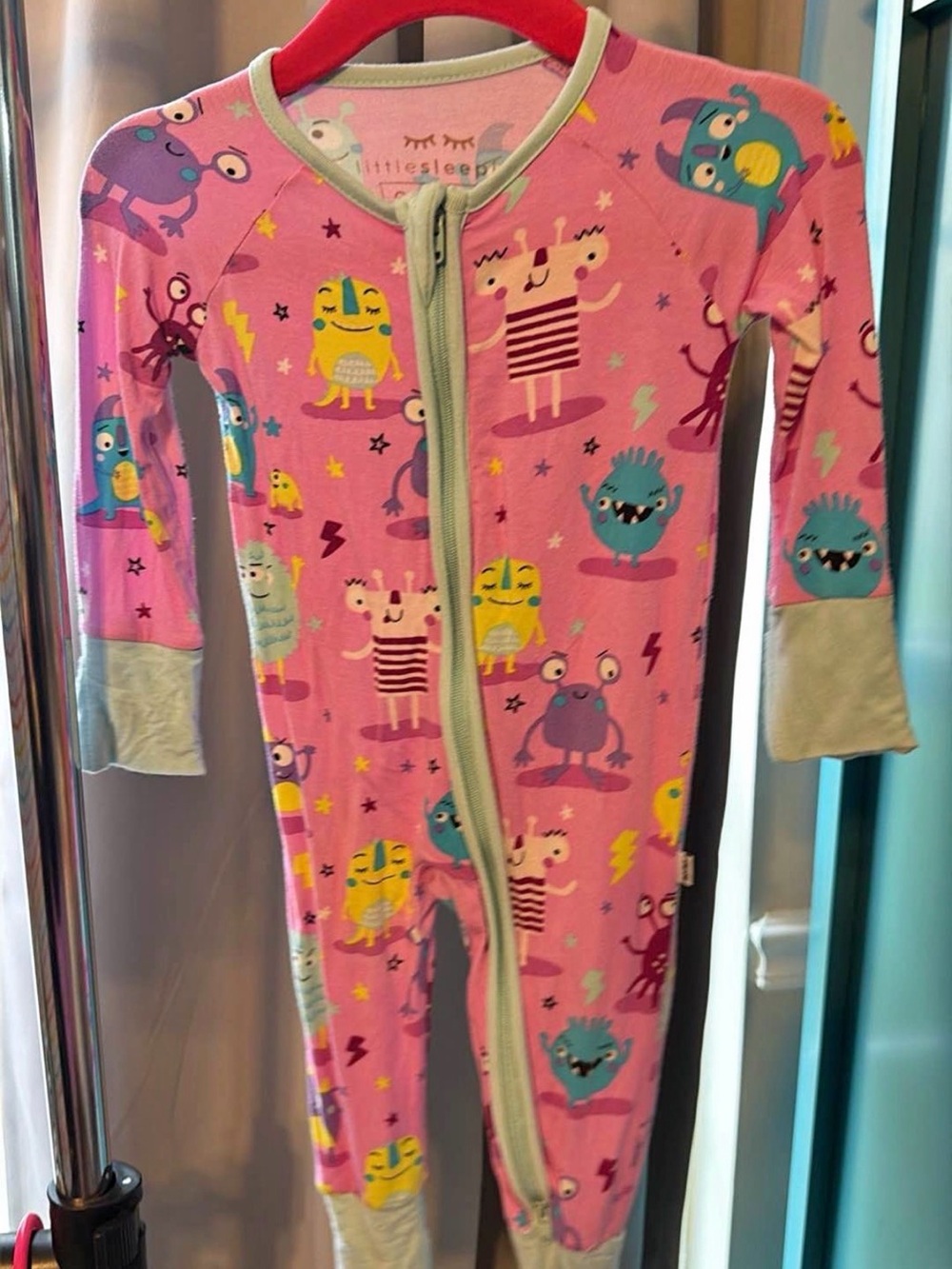 Little Sleepies Pink Monster Mayhem Print Footie with Blue Trim